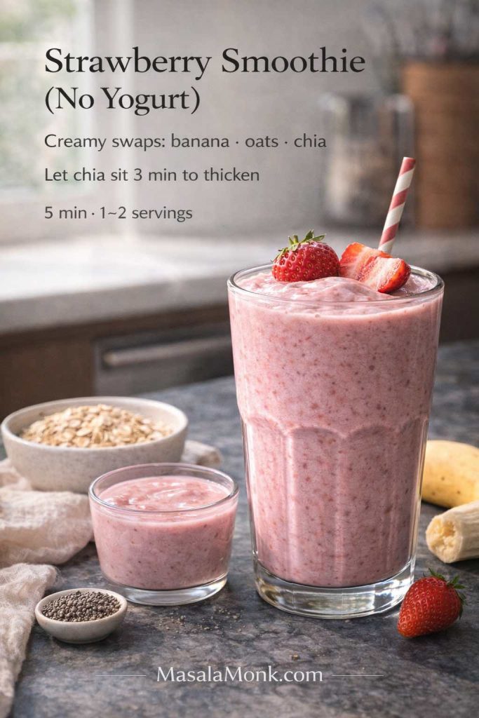 Strawberry smoothie without yogurt recipe card showing a creamy pink smoothie with banana, oats, and chia as yogurt-free thickening options.