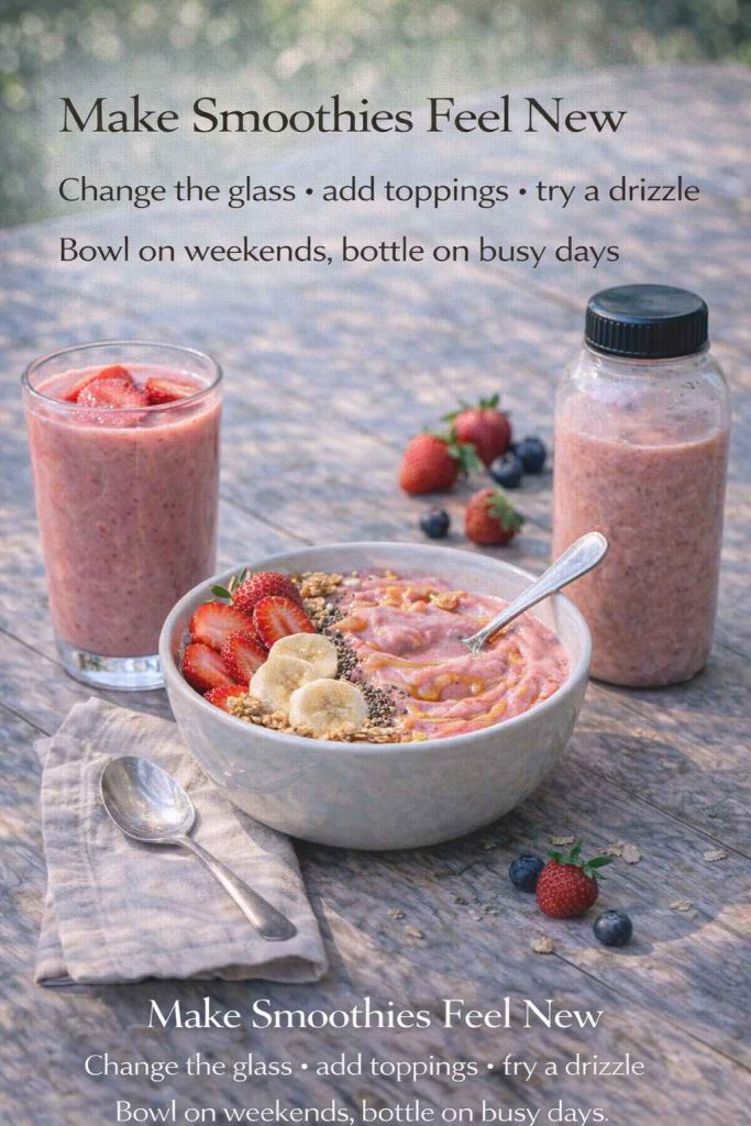Strawberry smoothie serving ideas guide card showing a classic smoothie in a glass, a strawberry smoothie bowl with toppings, and a portable protein smoothie bottle, with tips to change the glass, add toppings, and use bowls or bottles.