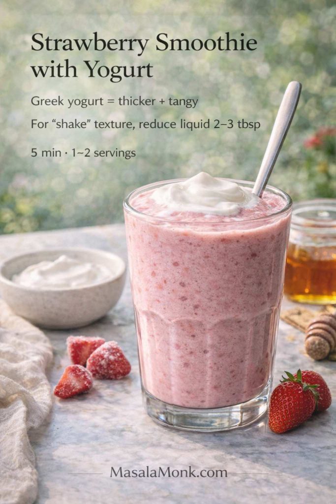 Strawberry smoothie with yogurt recipe card showing a thick smoothie topped with Greek yogurt, with tip to use Greek yogurt for a thicker, tangy texture.