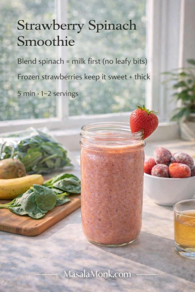 Strawberry spinach smoothie recipe card showing a pink-green smoothie in a mason jar on a kitchen counter with spinach, banana, and frozen strawberries, with tip to blend spinach with milk first for a smooth texture.