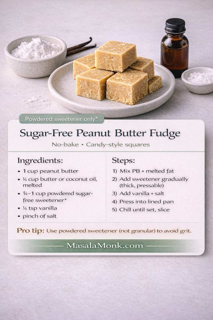 Recipe card image for sugar-free peanut butter fudge (no-bake, candy-style squares). Shows stacked peanut butter fudge squares on a plate with ingredients in the background (powdered sugar-free sweetener, melted butter or coconut oil, vanilla, and salt). Text overlay lists ingredients (1 cup peanut butter, ½ cup melted butter or coconut oil, ¾–1 cup powdered sugar-free sweetener, ½ tsp vanilla, pinch of salt) and steps to mix, add sweetener gradually, press into a lined pan, and chill until set. Pro tip: use powdered sweetener (not granular) to avoid grit. MasalaMonk.com footer.