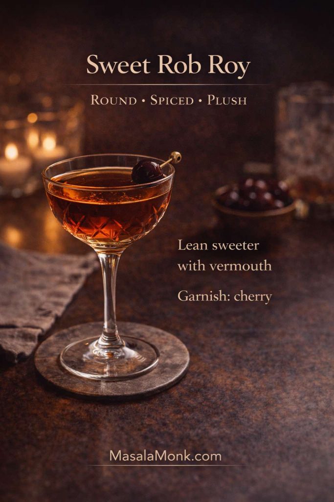 Sweet Rob Roy cocktail image with a rich amber Scotch drink in a coupe glass, cherry garnish, and text overlay describing a round, spiced, plush profile, with MasalaMonk.com branding.