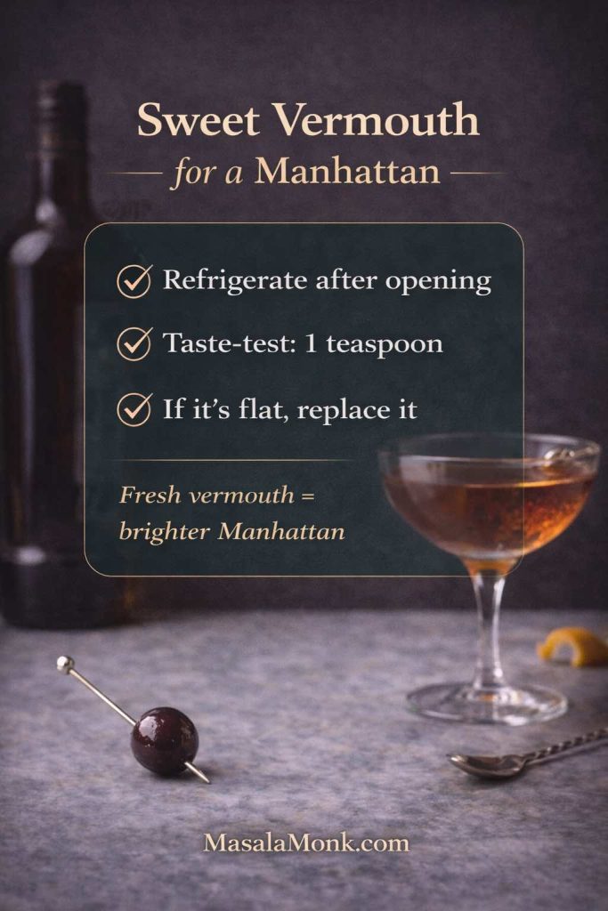 Sweet vermouth for a Manhattan guide card showing tips to refrigerate after opening, taste-test 1 teaspoon, and replace if flat, MasalaMonk.com
