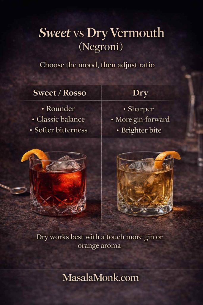 Sweet vs dry vermouth Negroni guide showing two drinks side by side—Sweet/Rosso for rounder classic balance and Dry for a sharper, more gin-forward Negroni—with quick bullet differences.