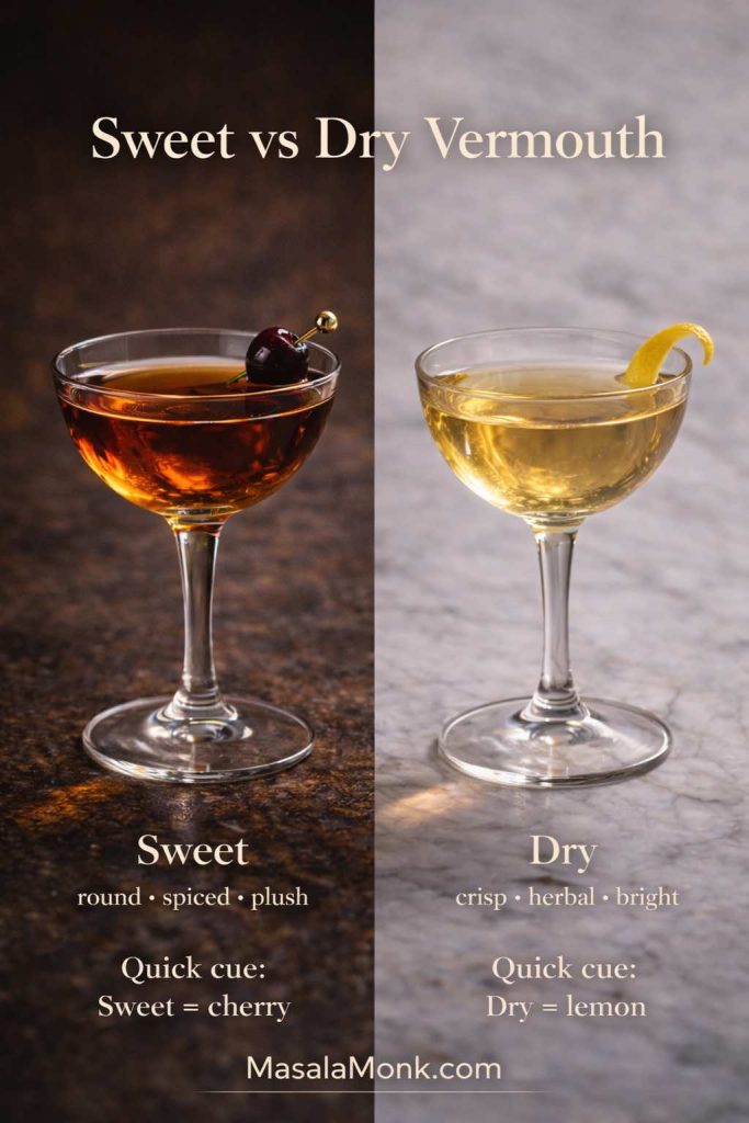 Split-image guide comparing sweet vs dry vermouth for a Rob Roy drink recipe, showing a darker sweet Rob Roy with cherry garnish and a lighter dry version with lemon twist, with flavor notes and MasalaMonk.com branding.