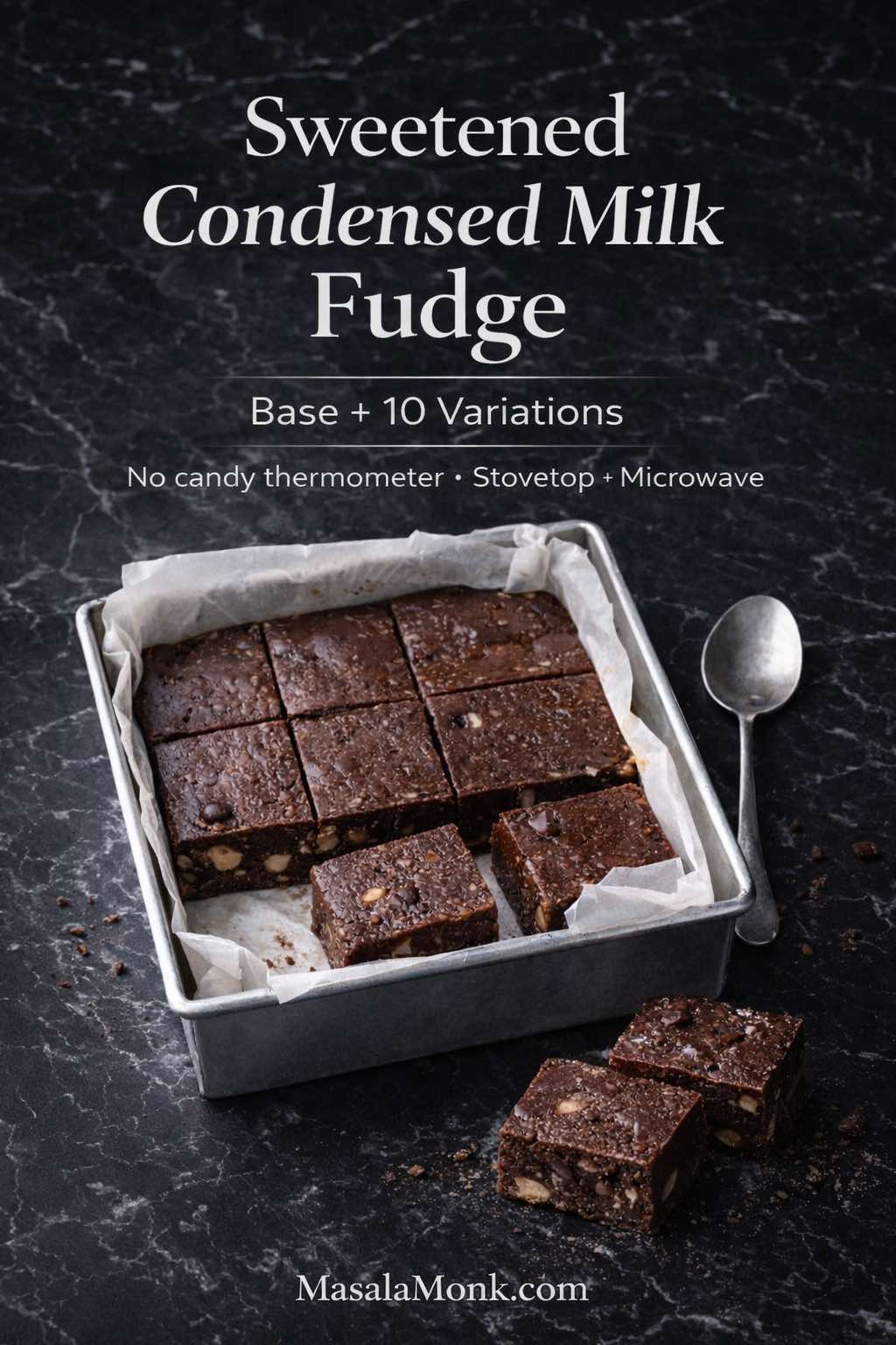 Dark marble food photo of sweetened condensed milk fudge in a parchment-lined tin, cut into squares, with “Base + 10 Variations” text overlay and MasalaMonk.com footer.