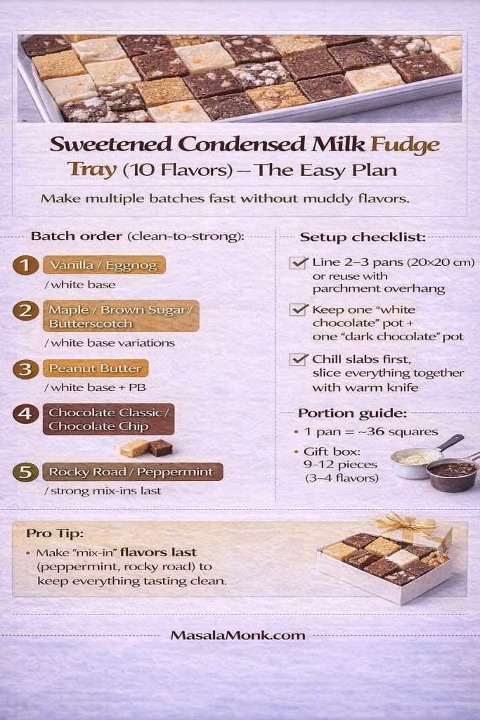 Guide-style infographic titled “Sweetened Condensed Milk Fudge Tray (10 Flavors) — The Easy Plan” with a photo strip of assorted fudge squares at the top. The card explains how to make multiple batches without muddy flavors and lists a clean-to-strong batch order: 1) Vanilla/Eggnog (white base), 2) Maple/Brown Sugar/Butterscotch (white base variations), 3) Peanut Butter (white base + PB), 4) Chocolate Classic/Chocolate Chip, 5) Rocky Road/Peppermint (strong mix-ins last). A setup checklist recommends lining 2–3 pans (20×20 cm) or reusing with parchment overhang, keeping one “white chocolate” pot and one “dark chocolate” pot, and chilling slabs first before slicing everything with a warm knife. Portion guide notes 1 pan makes about 36 squares and a gift box holds 9–12 pieces (3–4 flavors). Pro tip: make mix-in flavors last to keep everything tasting clean. MasalaMonk.com is branded in the footer.