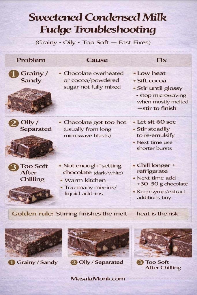 Vertical troubleshooting infographic titled “Sweetened Condensed Milk Fudge Troubleshooting (Grainy • Oily • Too Soft — Fast Fixes)”. It’s laid out as a 3-row table with columns for Problem, Cause, and Fix. Row 1 covers grainy/sandy fudge (overheated chocolate or cocoa/powdered sugar not fully mixed) with fixes: low heat, sift cocoa, stir until glossy, and stop microwaving when mostly melted—stir to finish. Row 2 covers oily/separated fudge (chocolate got too hot, often from long microwave blasts) with fixes: let sit 60 seconds, stir steadily to re-emulsify, and use shorter bursts next time. Row 3 covers fudge too soft after chilling (not enough setting chocolate, warm kitchen, too many mix-ins/liquid add-ins) with fixes: chill longer + refrigerate, next time add 30–50 g chocolate, and keep syrup/extract additions tiny. A callout reads “Golden rule: Stirring finishes the melt — heat is the risk.” Includes three small example photos along the bottom and MasalaMonk.com branding in the footer.