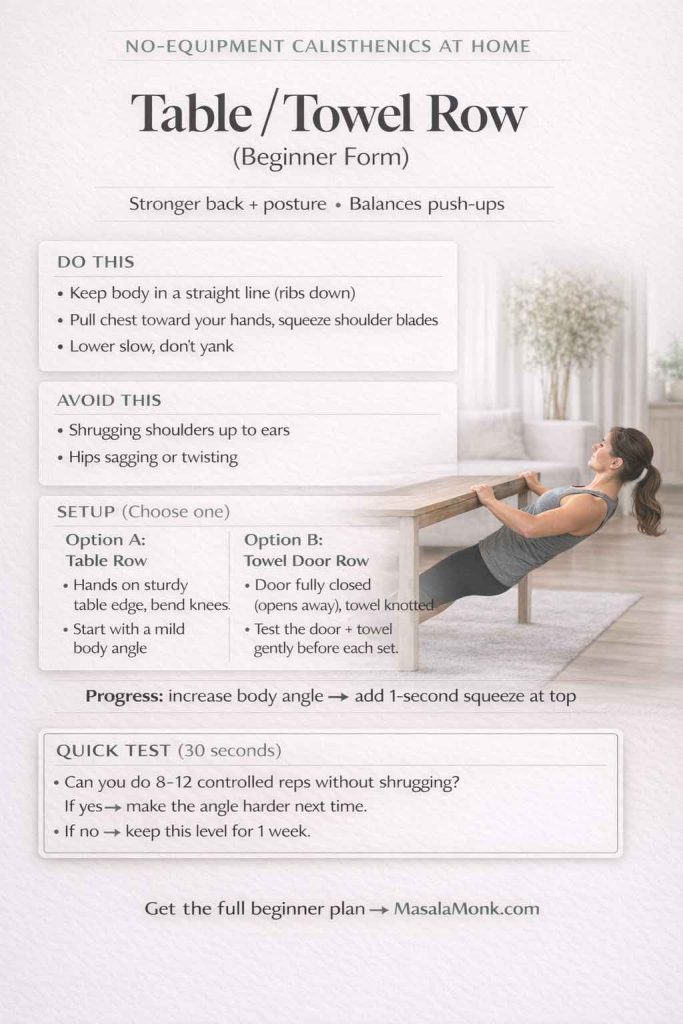 Portrait infographic titled “Table / Towel Row (Beginner Form)” for no-equipment calisthenics at home. It lists: DO THIS—keep body in a straight line (ribs down), pull chest toward your hands and squeeze shoulder blades, lower slow (don’t yank). AVOID THIS—shrugging shoulders up to ears, hips sagging or twisting. SETUP—Option A Table Row: hands on sturdy table edge, bend knees, start with a mild body angle; Option B Towel Door Row: door fully closed (opens away) with towel knotted, test the door and towel gently before each set. Progress: increase body angle and add a 1-second squeeze at top. QUICK TEST (30 seconds): can you do 8–12 controlled reps without shrugging; if yes make the angle harder next time, if no keep this level for 1 week. Includes “Get the full beginner plan → MasalaMonk.com."