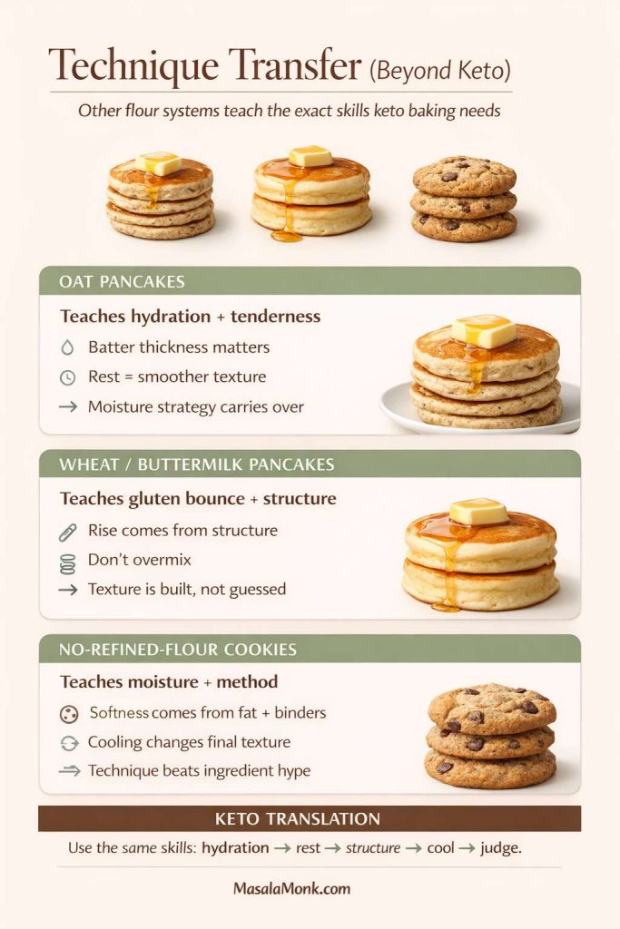 Technique Transfer (Beyond Keto) infographic showing how non-keto flour systems teach keto baking skills: oat pancakes teach hydration and tenderness (batter thickness, rest, moisture strategy), wheat/buttermilk pancakes teach gluten bounce and structure (structure creates rise, don’t overmix), and no-refined-flour cookies teach moisture and method (softness from fat/binders, cooling changes texture). Bottom line: hydrate → rest → structure → cool → judge. MasalaMonk.com