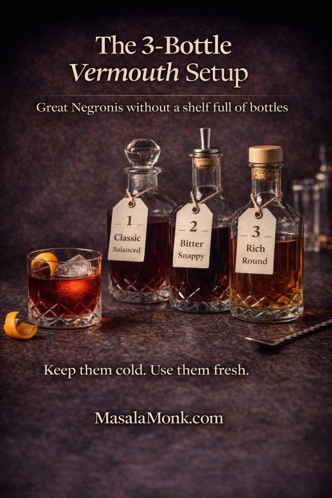 The 3-bottle vermouth setup for Negronis showing three labeled vermouth styles—classic/balanced, bitter/snappy, and rich/round—plus a Negroni cocktail, to help choose vermouth for a Negroni at home.