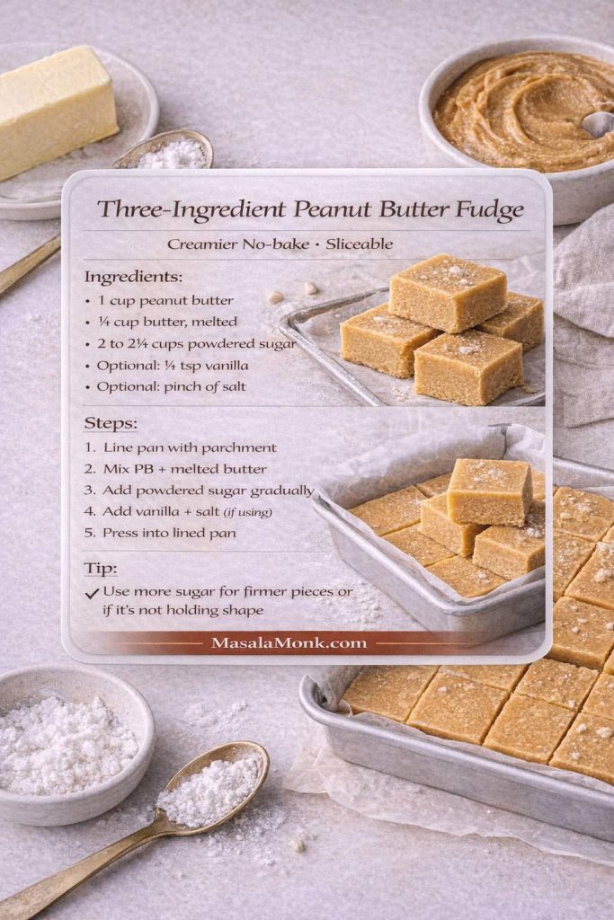Photorealistic recipe card for three ingredient peanut butter fudge (no-bake). Shows ingredients: 1 cup peanut butter, ¼ cup melted butter, 2 to 2½ cups powdered sugar, optional vanilla, and a pinch of salt. Includes steps to line an 8-inch pan, mix peanut butter with melted butter, add powdered sugar gradually, press into the pan, and chill 2–3 hours until sliceable. MasalaMonk.com branding.