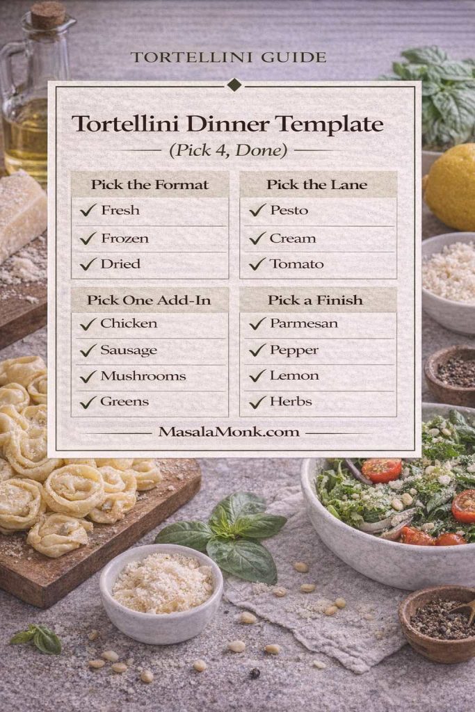 Tortellini dinner template guide card showing a simple build-your-own dinner method: pick the format (fresh, frozen, dried), pick the lane (pesto, cream, tomato), pick one add-in (chicken, sausage, mushrooms, greens), and pick a finish (parmesan, pepper, lemon, herbs).