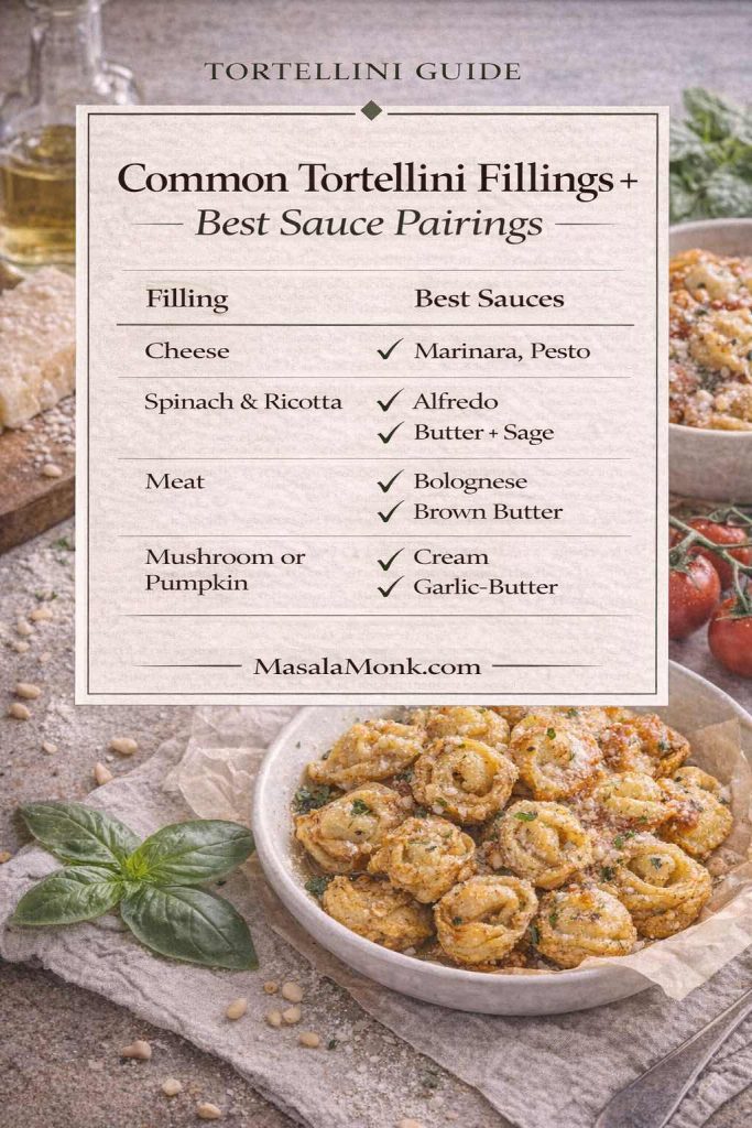 Guide card showing common tortellini fillings and best sauce pairings: cheese tortellini with marinara or pesto, spinach and ricotta tortellini with alfredo or butter and sage, meat tortellini with bolognese or brown butter, and mushroom or pumpkin tortellini with cream or garlic butter.