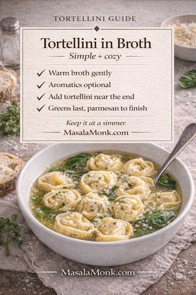 Tortellini in broth guide card showing how to cook tortellini in brodo: warm broth gently, add aromatics if desired, add tortellini near the end, finish with greens and parmesan.
