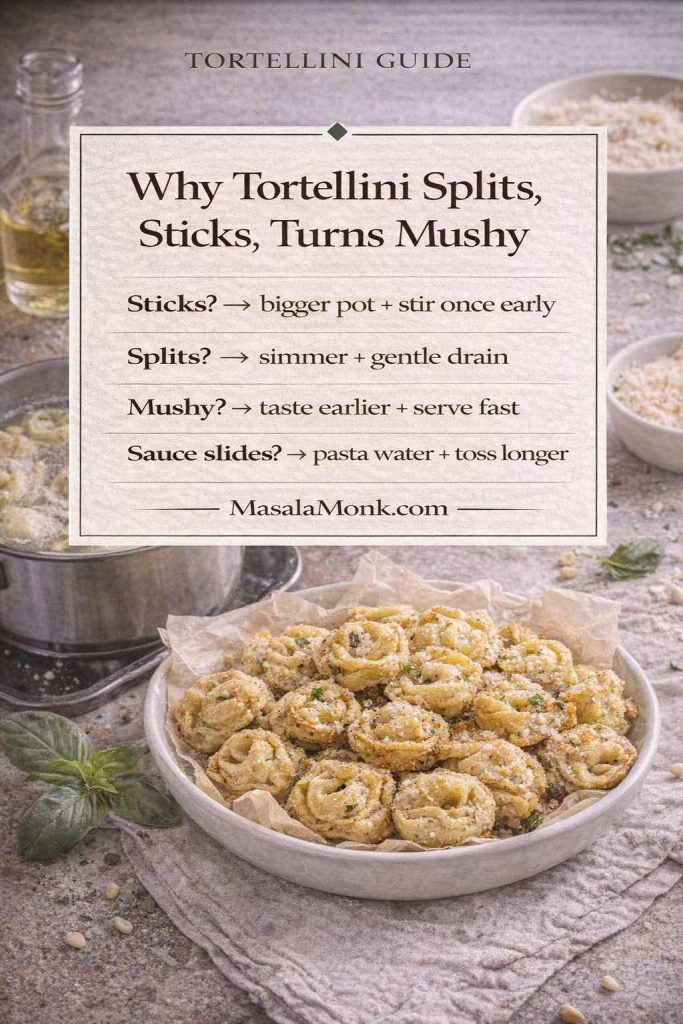 Tortellini troubleshooting guide card with quick fixes: tortellini sticks (use a bigger pot and stir once early), splits (simmer and drain gently), turns mushy (taste earlier and serve fast), and sauce slides (use pasta water and toss longer).