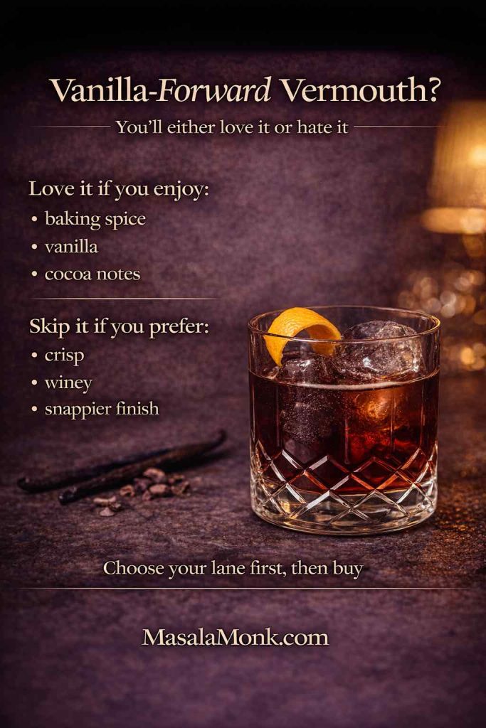 Some sweet vermouths read distinctly vanilla-and-spice forward in a Negroni—if you love baking spice, vanilla, and cocoa-like notes, they’ll feel plush and luxurious; if you prefer a crisp, winey, snappier finish, choose a lighter lane instead.