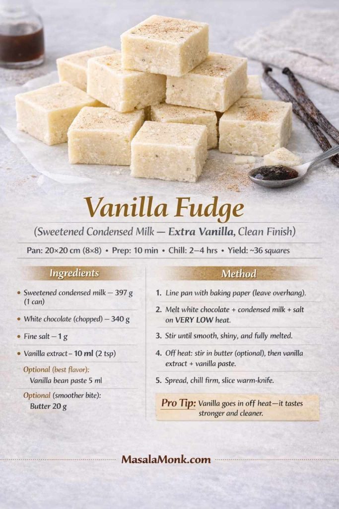 Recipe card image for vanilla fudge made with sweetened condensed milk. Shows pale vanilla-speckled fudge squares with vanilla beans and a spoon of vanilla paste. The card includes pan size (20×20 cm), prep time (10 min), chill time (2–4 hrs), yield (~36 squares), ingredients in grams (condensed milk, white chocolate, salt, vanilla extract, optional vanilla bean paste and butter), a 5-step very-low-heat method, a pro tip to add vanilla off the heat for stronger flavor, and MasalaMonk.com branding in the footer.