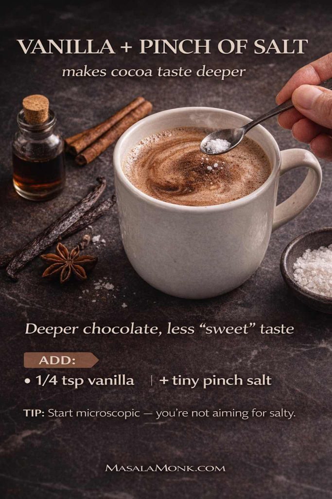 Vanilla and pinch of salt hot chocolate coffee hack card showing salt being added to a cocoa-coffee mug with text overlay: add 1/4 tsp vanilla and a tiny pinch of salt for deeper chocolate and less sweet taste.