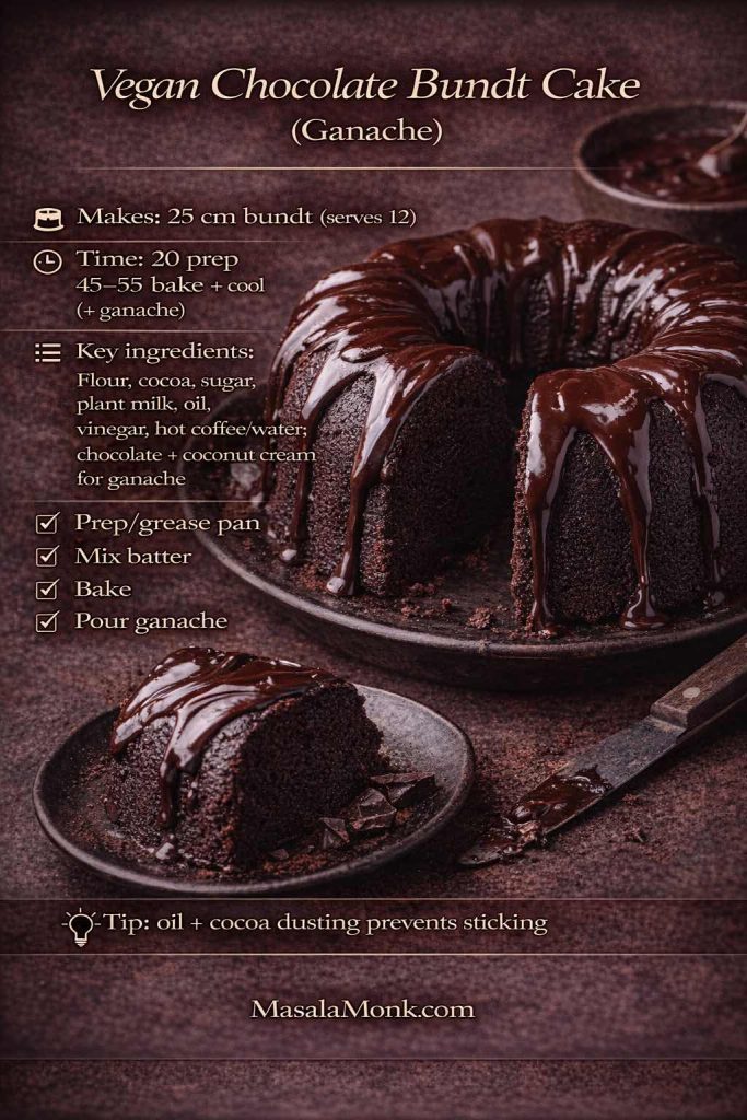 Vegan chocolate bundt cake with ganache recipe card showing a sliced bundt cake with glossy chocolate ganache, plus pan size, timing, key ingredients, simple steps, and a tip to oil and cocoa-dust the pan to prevent sticking.