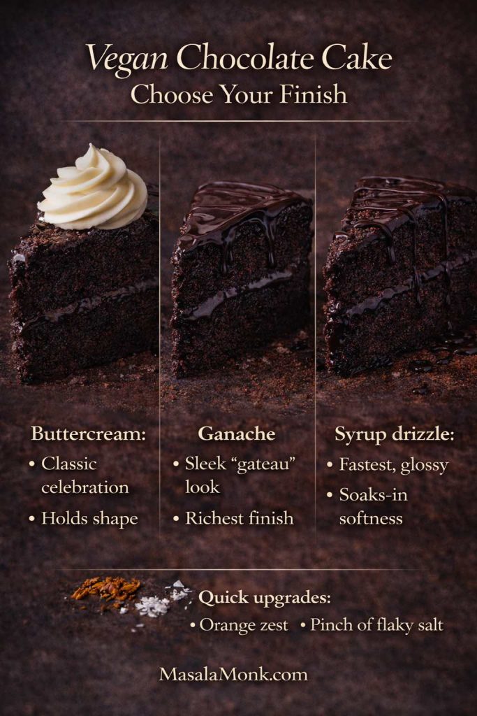 Vegan chocolate cake finish guide comparing buttercream frosting, chocolate ganache, and syrup drizzle, with quick upgrades like orange zest and flaky salt.