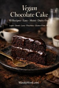 Slice of vegan chocolate cake with glossy ganache, cocoa dusting, and coffee—cover image for 10 vegan chocolate cake recipes (easy, moist, dairy-free).