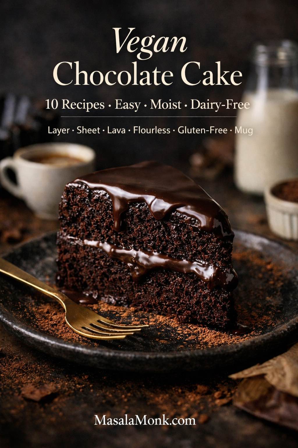 Slice of vegan chocolate cake with glossy ganache, cocoa dusting, and coffee—cover image for 10 vegan chocolate cake recipes (easy, moist, dairy-free).