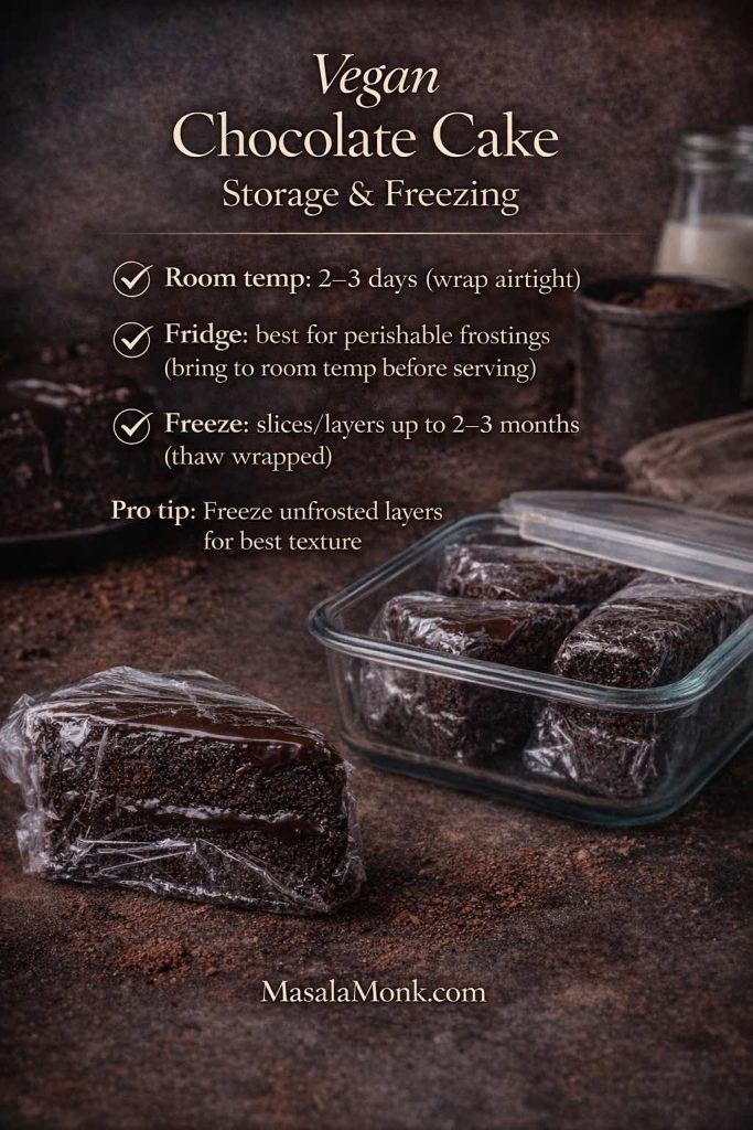 Vegan chocolate cake storage and freezing guide showing how long it keeps at room temperature, when to refrigerate for perishable frostings, and how to freeze slices or layers for later.