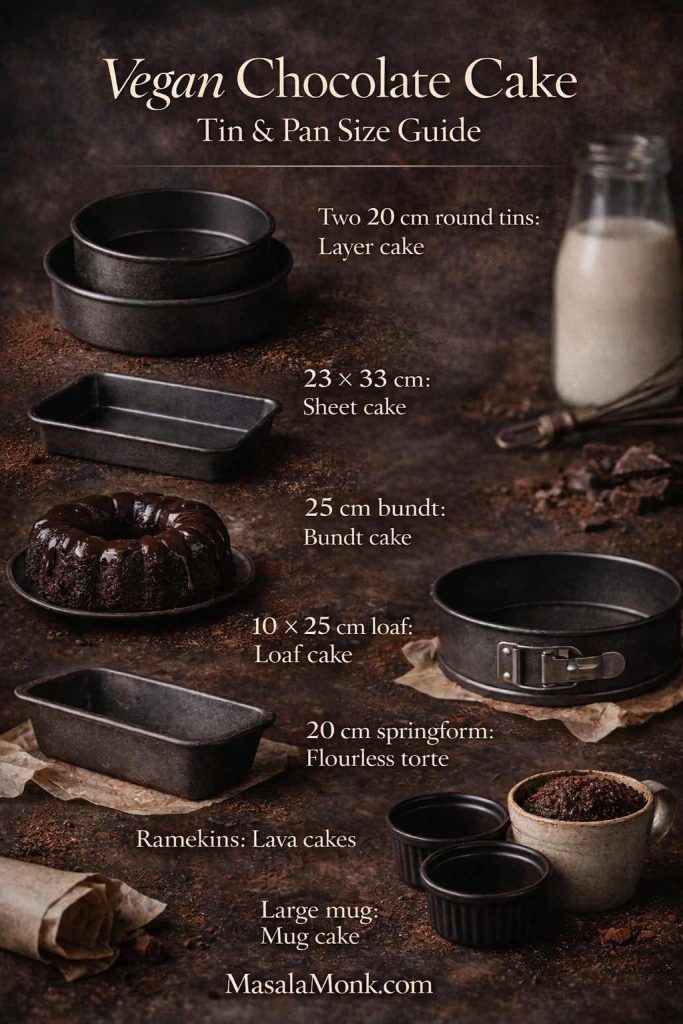 Vegan chocolate cake tin and pan size guide showing two 20 cm round tins for layer cake, 23 × 33 cm for sheet cake, 25 cm bundt, 10 × 25 cm loaf, 20 cm springform, ramekins for lava cakes, and a large mug for mug cake.