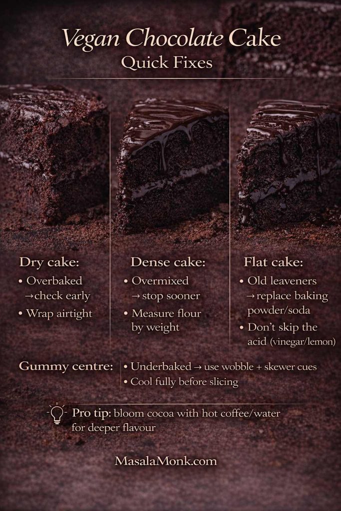 Vegan chocolate cake troubleshooting graphic with quick fixes for dry cake, dense cake, flat cake, and gummy centre, including tips on mixing, leaveners, baking cues, and blooming cocoa.