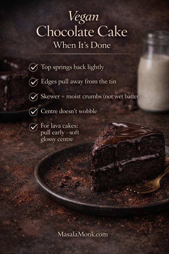 Vegan chocolate cake doneness checklist graphic showing baking cues: top springs back, edges pull away, skewer has moist crumbs, centre doesn’t wobble, plus a lava cake timing note.