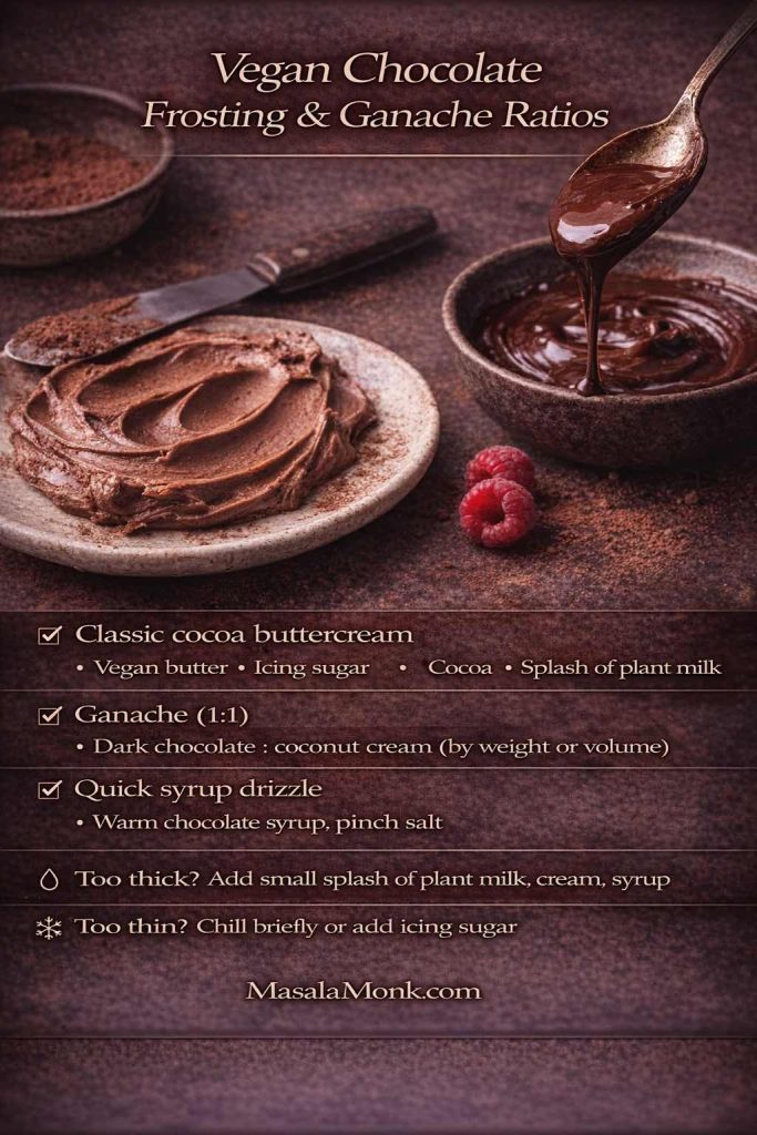 Vegan chocolate frosting and ganache ratios guide showing classic cocoa buttercream, 1:1 chocolate ganache with coconut cream, and a quick chocolate syrup drizzle, with tips for fixing too-thick or too-thin toppings.