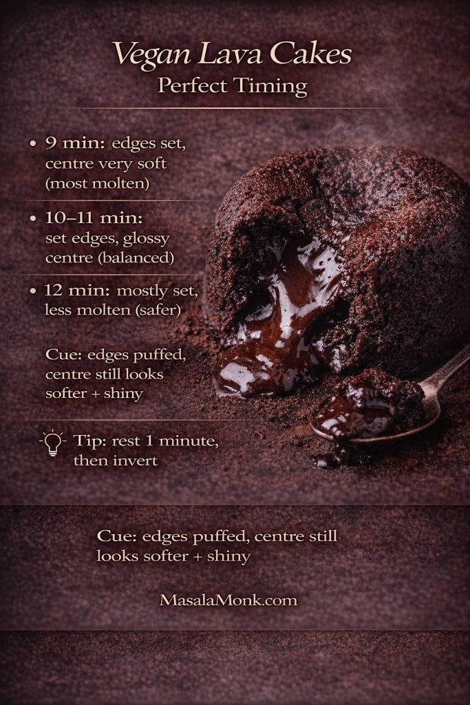 Vegan chocolate lava cakes perfect timing guide showing 9 minutes for most molten, 10–11 minutes balanced, 12 minutes safer, plus doneness cues and a rest-then-invert tip.