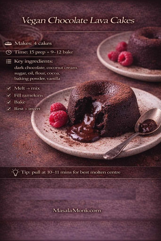 Vegan chocolate lava cakes recipe card showing a molten-centre lava cake with raspberries, plus makes 4, bake time 9–12 minutes, key ingredients, quick steps, and a tip to pull at 10–11 minutes for best molten centre.