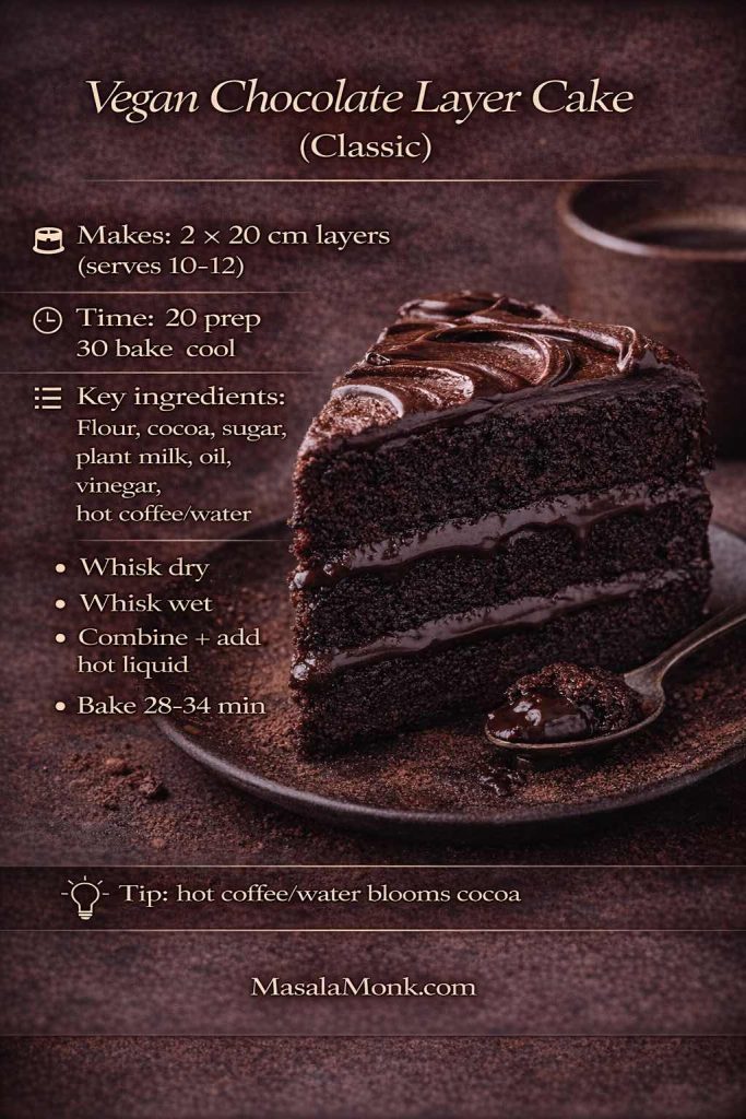 Vegan chocolate layer cake recipe card showing a sliced chocolate layer cake with frosting, plus key ingredients, simple steps, bake time, and a tip to bloom cocoa with hot coffee or water.