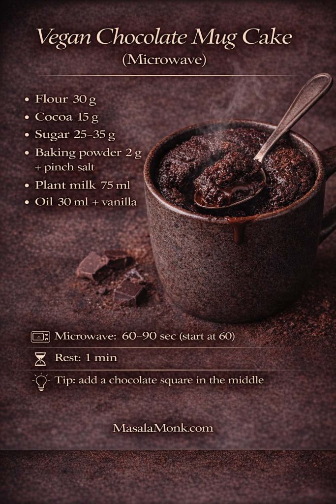 Vegan chocolate mug cake recipe card for the microwave showing ingredients, 60–90 second cook time, 1 minute rest, and a tip to add a chocolate square for a molten centre.