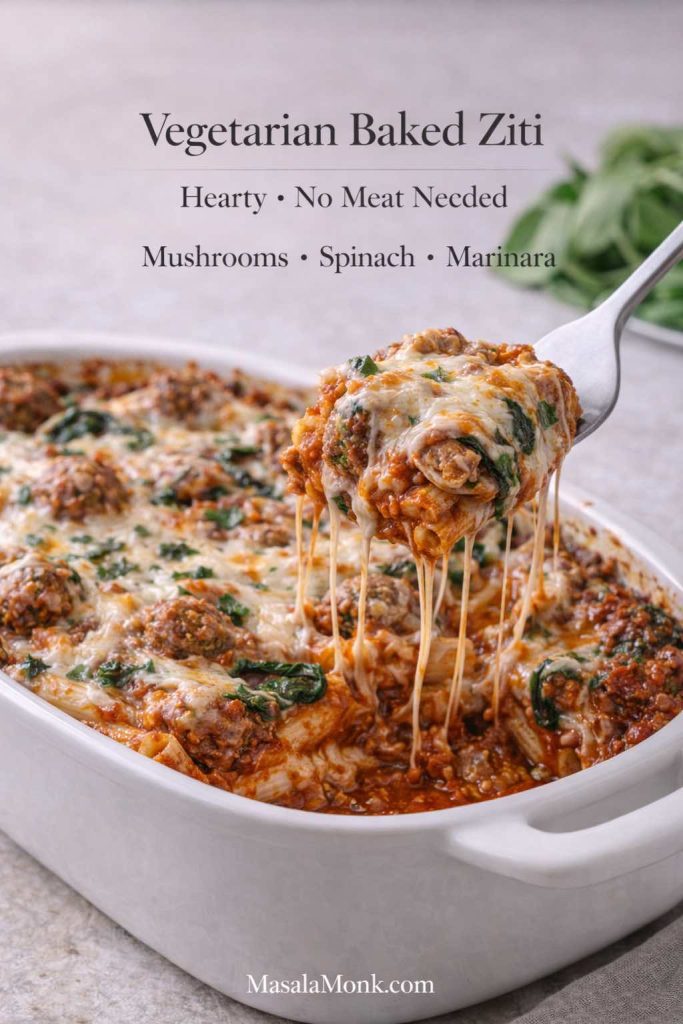 Vegetarian baked ziti with mushrooms and spinach in marinara, topped with melted mozzarella and a cheesy spoon lift, labeled hearty and no meat needed.