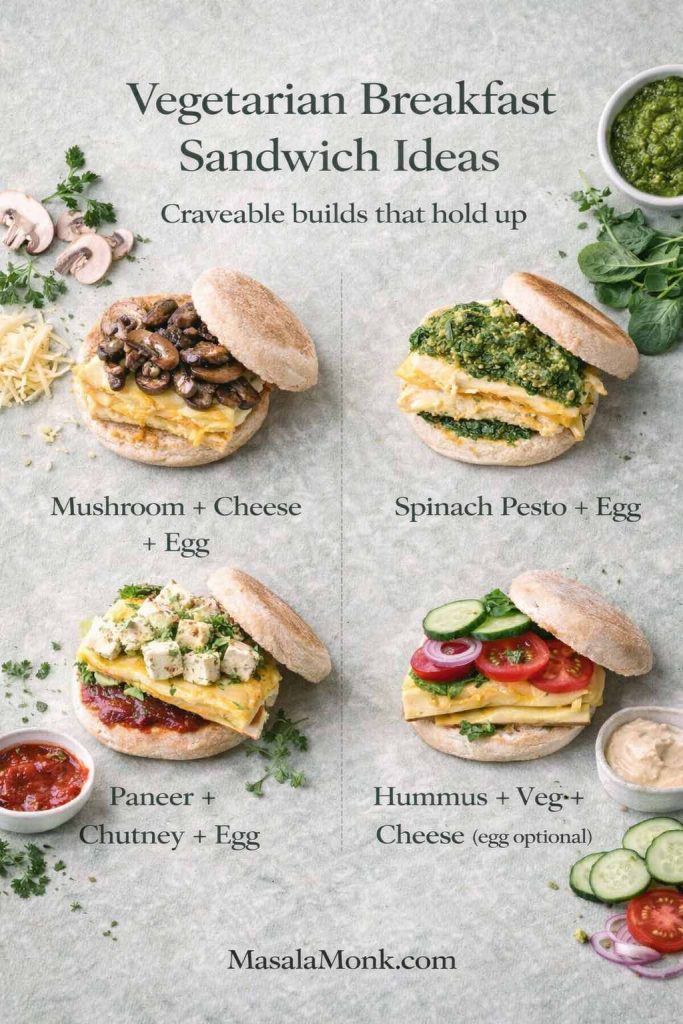 Save these vegetarian breakfast sandwich ideas for easy morning variety—mushroom and cheese with egg, spinach pesto with egg, paneer with chutney, or hummus with crunchy veggies (egg optional) for a satisfying vegetarian breakfast sandwich.