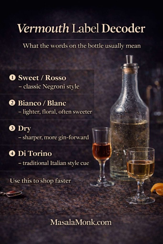 Shopping for vermouth gets easier when you decode the label: sweet/rosso is the classic Negroni lane, bianco (blanc) runs lighter and often sweeter, dry turns the drink sharper and more gin-forward, and “di Torino” is a traditional Italian style cue—not a single flavor guarantee.