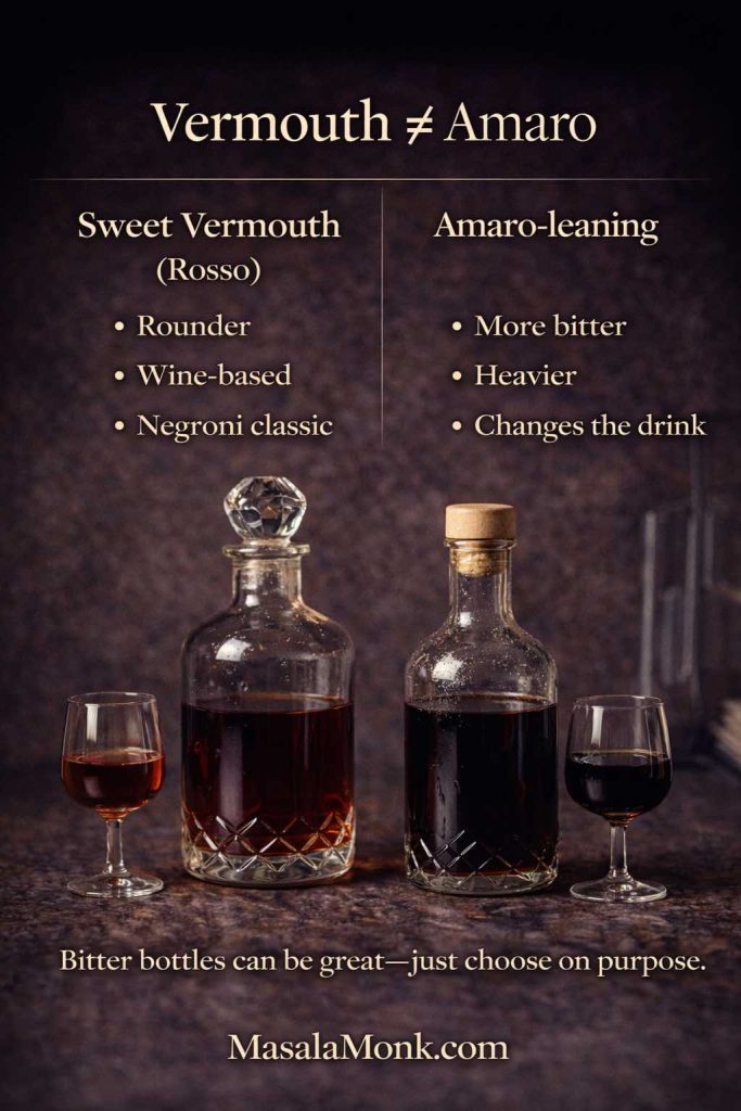 Not every “bitter red bottle” is the same: sweet vermouth (rosso) is wine-based and built to round a classic Negroni, while amaro-leaning bottles push the drink darker, heavier, and more bitter—both can be great, as long as you choose intentionally.