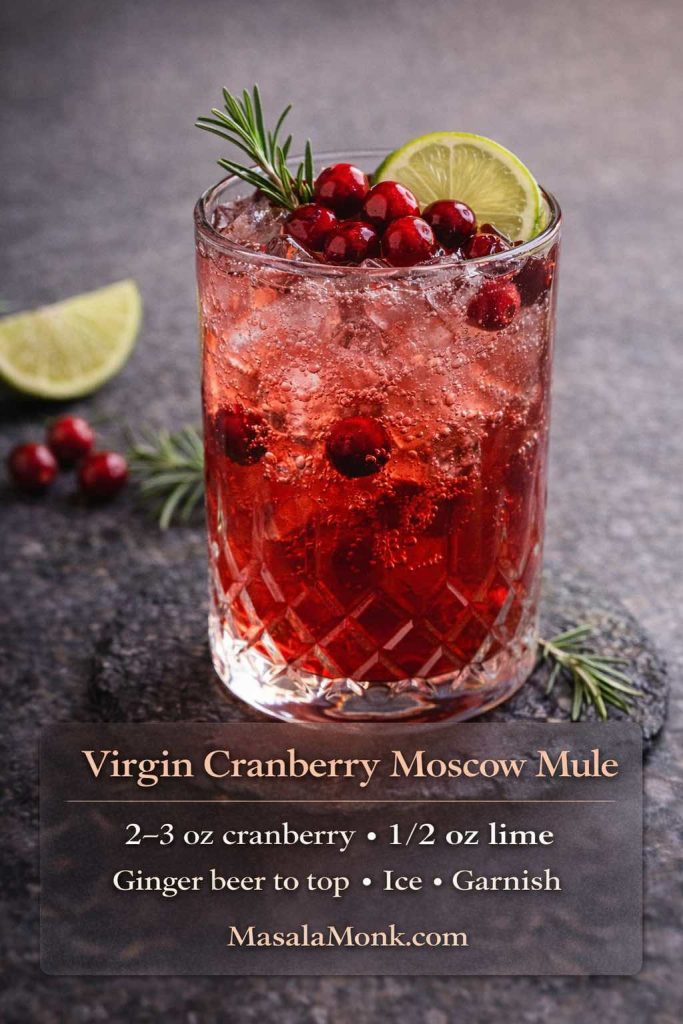 Virgin cranberry Moscow mule mocktail in a crystal glass with cranberries, rosemary, and lime, plus an on-image recipe with cranberry juice, lime, and ginger beer.