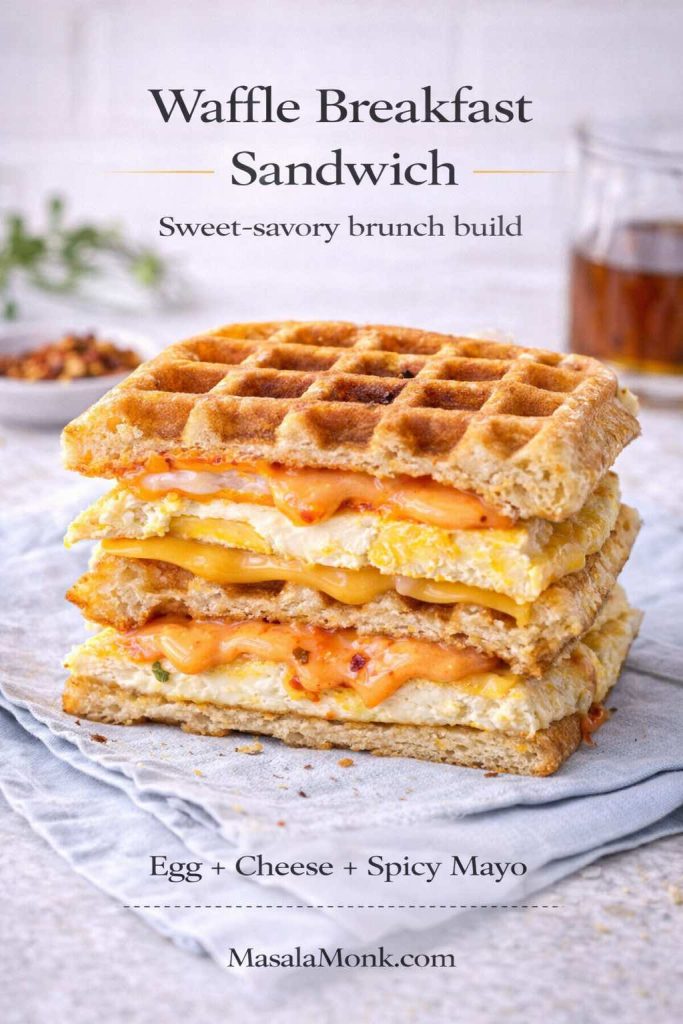 Waffle breakfast sandwich recipe card showing a stacked waffle sandwich with egg, melted cheese, and spicy mayo, plus text overlay for a sweet-savory brunch build.