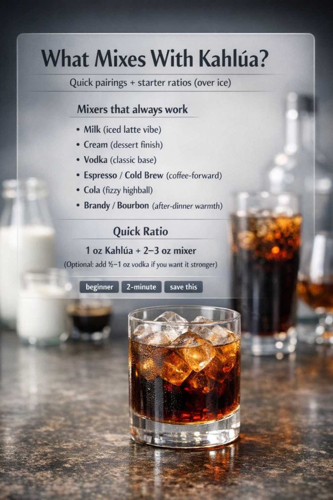 What mixes with Kahlúa cheat sheet showing the best mixers—milk, cream, vodka, espresso/cold brew, cola, and brandy/bourbon—with a quick ratio guide.