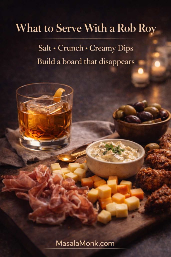 What to serve with a Rob Roy cocktail: a rocks-glass Rob Roy beside a charcuterie-style snack board with cheese, olives, creamy dip, and crispy bites, with MasalaMonk.com branding.