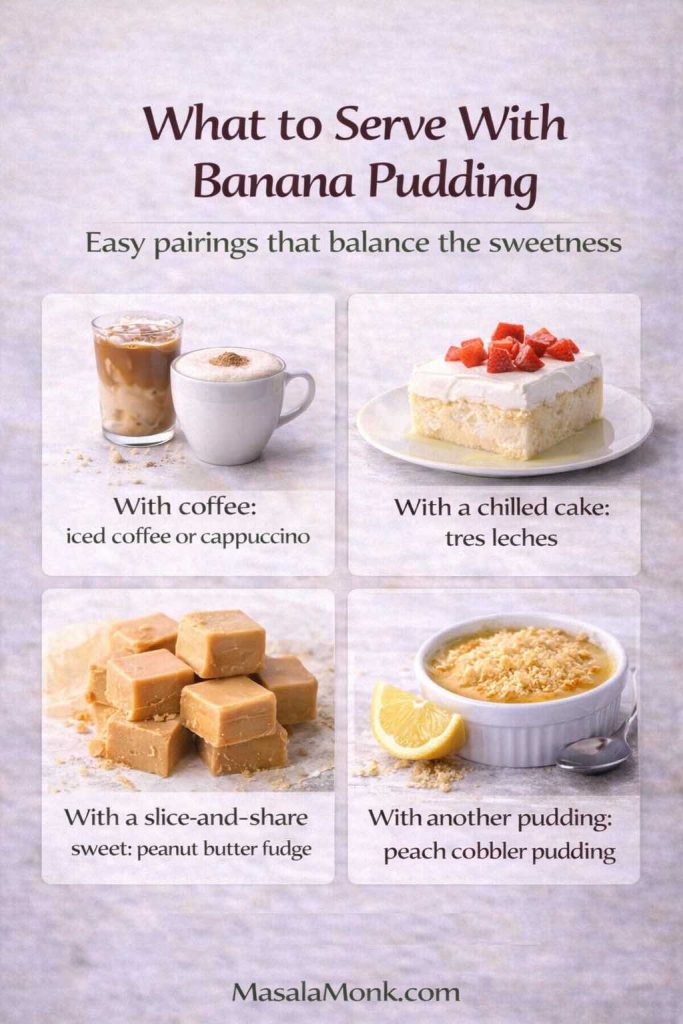 Infographic titled “What to Serve With Banana Pudding” with the subtitle “Easy pairings that balance the sweetness.” A four-tile grid shows: iced coffee or cappuccino, tres leches (chilled cake), peanut butter fudge (slice-and-share sweet), and peach cobbler pudding (another pudding dessert). Each tile includes a photo and a short label. Footer reads MasalaMonk.com.