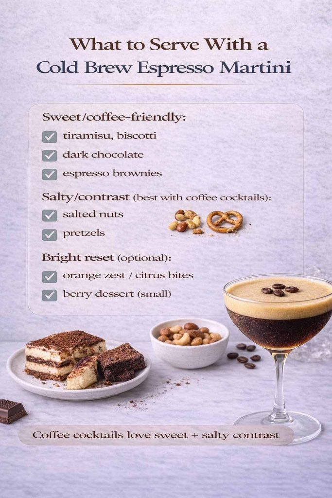 Food pairing guide for a cold brew espresso martini showing sweet coffee-friendly desserts, salty snacks for contrast, and bright citrus options as a palate reset.