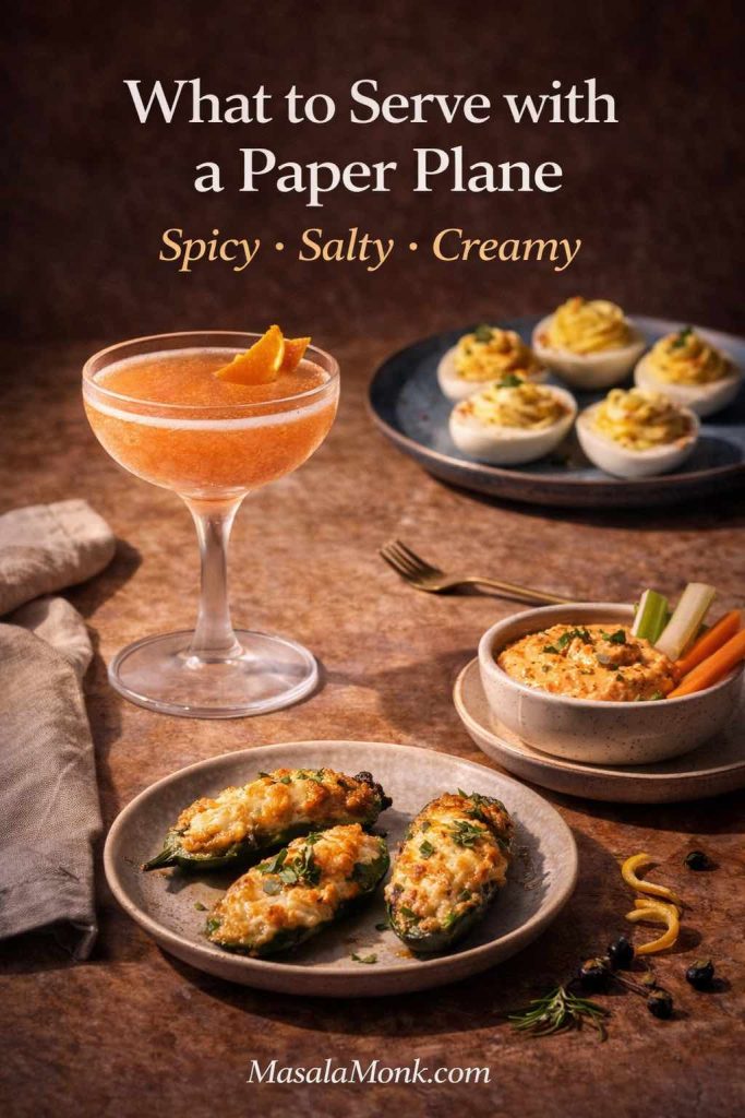 Paper Plane cocktail on a table with jalapeño poppers, deviled eggs, and a creamy dip, with text overlay “What to Serve with a Paper Plane.”