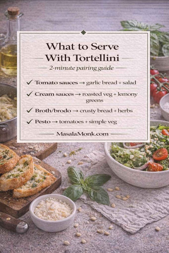 What to serve with tortellini pairing guide card suggesting sides for different sauces: tomato sauces with garlic bread and salad, cream sauces with roasted vegetables and lemony greens, broth/brodo with crusty bread and herbs, and pesto with tomatoes and simple vegetables.
