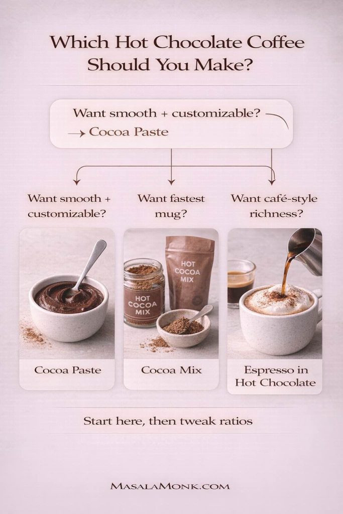 Which hot chocolate coffee should you make infographic comparing three methods: cocoa paste for smooth customizable flavor, cocoa mix for the fastest mug, and espresso in hot chocolate for café-style richness.