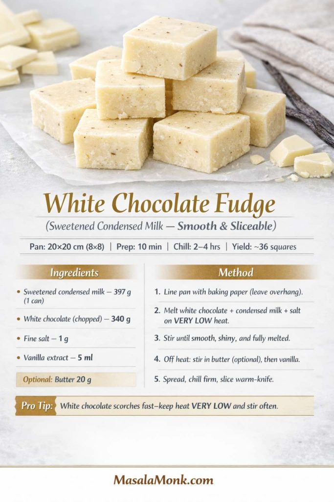 Recipe card image for white chocolate fudge made with sweetened condensed milk. Shows creamy white fudge squares with vanilla flecks, pan size (20×20 cm), prep time (10 min), chill time (2–4 hrs), yield (~36 squares), ingredient amounts in grams (condensed milk, white chocolate, salt, vanilla, optional butter), a 5-step very-low-heat method, a pro tip to keep heat very low to prevent scorching, and MasalaMonk.com branding in the footer.